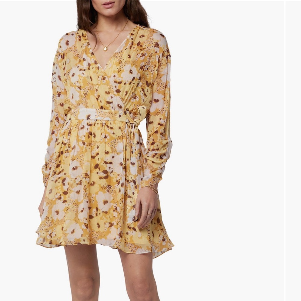 Joie Clara Floral, Long Sleeve, Silk Minidress in Amber Gold Multi, Size Small